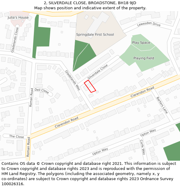 2, SILVERDALE CLOSE, BROADSTONE, BH18 9JD: Location map and indicative extent of plot