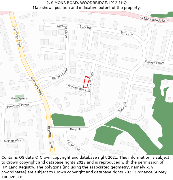 2, SIMONS ROAD, WOODBRIDGE, IP12 1HQ: Location map and indicative extent of plot