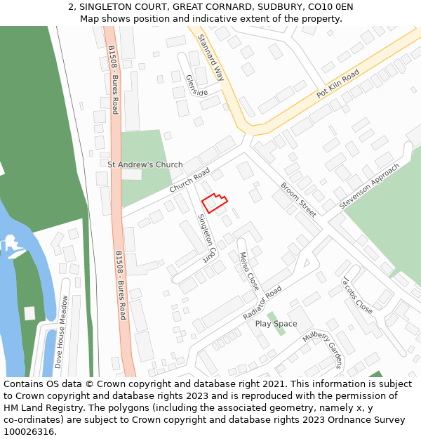 2, SINGLETON COURT, GREAT CORNARD, SUDBURY, CO10 0EN: Location map and indicative extent of plot