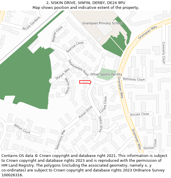 2, SISKIN DRIVE, SINFIN, DERBY, DE24 9PU: Location map and indicative extent of plot
