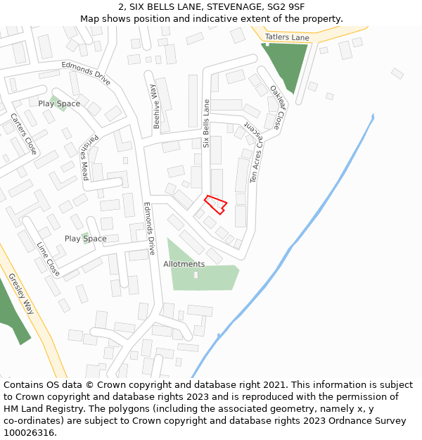 2, SIX BELLS LANE, STEVENAGE, SG2 9SF: Location map and indicative extent of plot