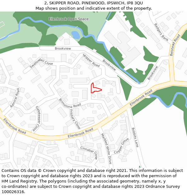 2, SKIPPER ROAD, PINEWOOD, IPSWICH, IP8 3QU: Location map and indicative extent of plot