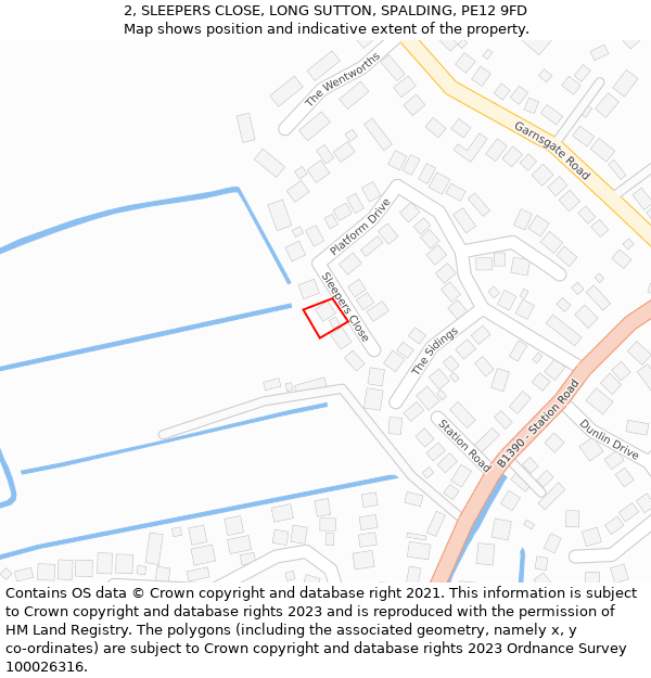 2, SLEEPERS CLOSE, LONG SUTTON, SPALDING, PE12 9FD: Location map and indicative extent of plot