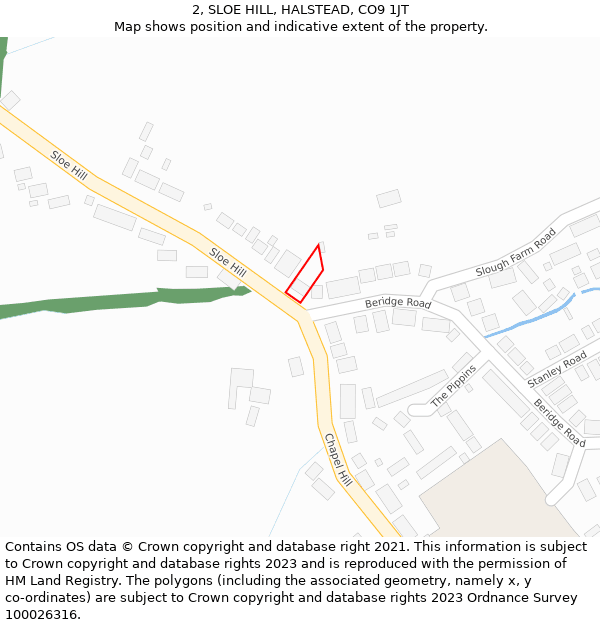 2, SLOE HILL, HALSTEAD, CO9 1JT: Location map and indicative extent of plot