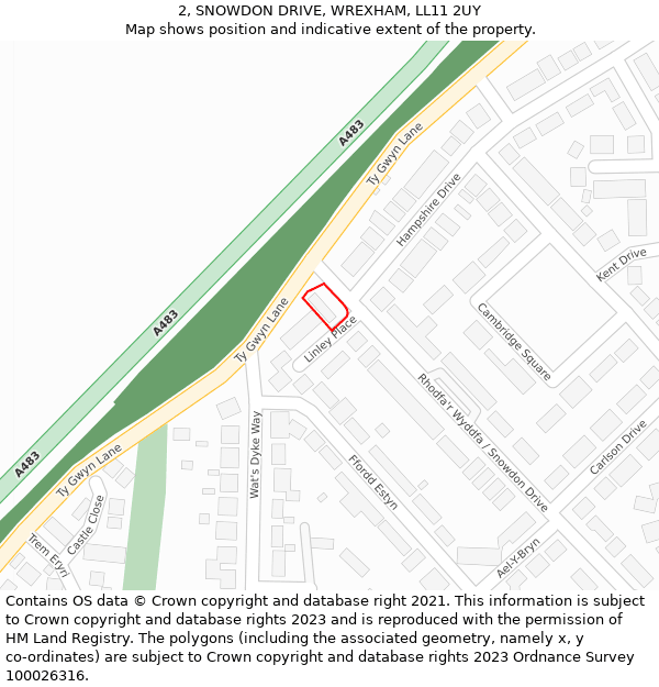 2, SNOWDON DRIVE, WREXHAM, LL11 2UY: Location map and indicative extent of plot