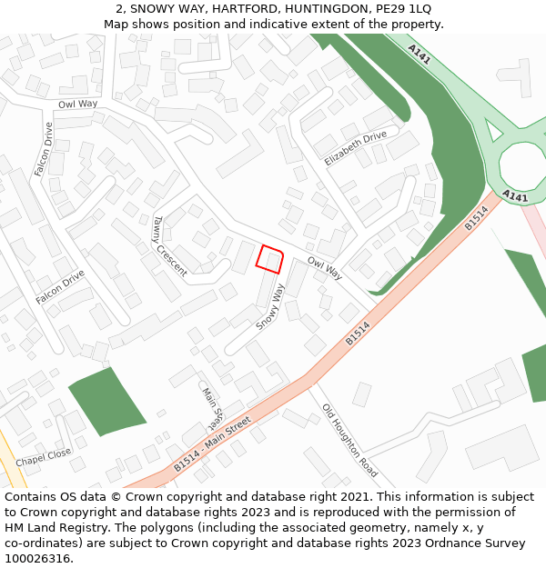 2, SNOWY WAY, HARTFORD, HUNTINGDON, PE29 1LQ: Location map and indicative extent of plot