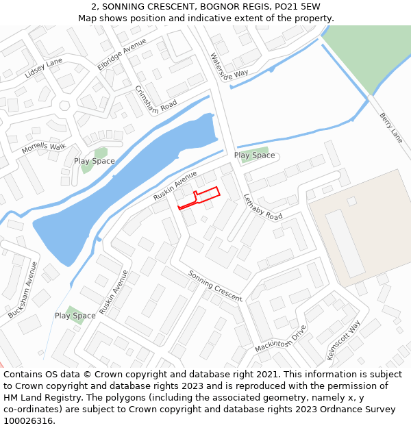 2, SONNING CRESCENT, BOGNOR REGIS, PO21 5EW: Location map and indicative extent of plot