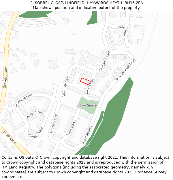 2, SORREL CLOSE, LINDFIELD, HAYWARDS HEATH, RH16 2EA: Location map and indicative extent of plot