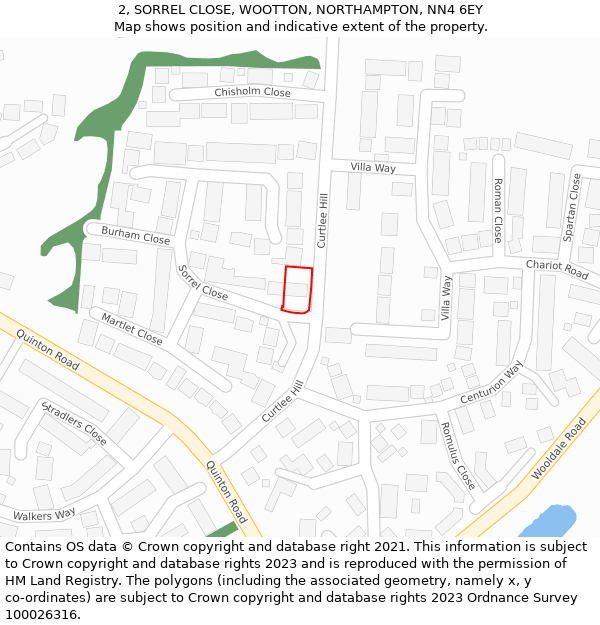 2, SORREL CLOSE, WOOTTON, NORTHAMPTON, NN4 6EY: Location map and indicative extent of plot