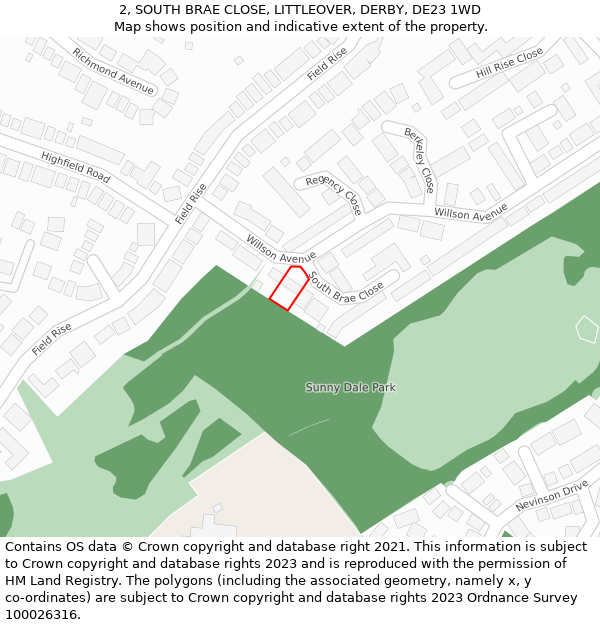 2, SOUTH BRAE CLOSE, LITTLEOVER, DERBY, DE23 1WD: Location map and indicative extent of plot