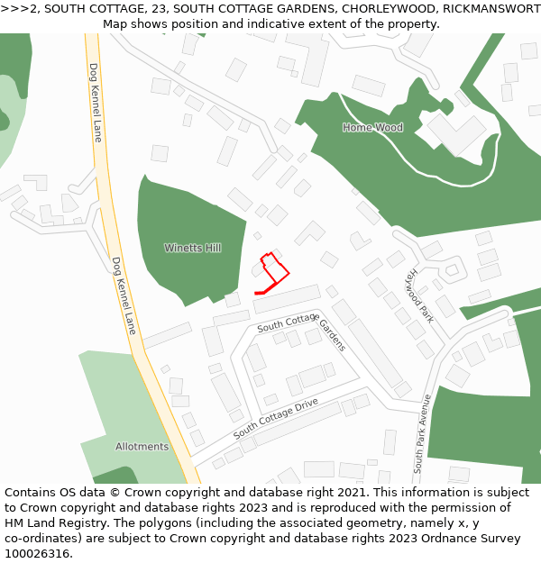 2, SOUTH COTTAGE, 23, SOUTH COTTAGE GARDENS, CHORLEYWOOD, RICKMANSWORTH, WD3 5EF: Location map and indicative extent of plot