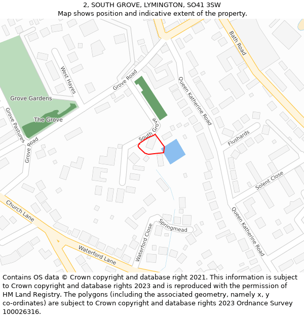 2, SOUTH GROVE, LYMINGTON, SO41 3SW: Location map and indicative extent of plot