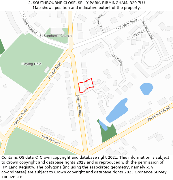 2, SOUTHBOURNE CLOSE, SELLY PARK, BIRMINGHAM, B29 7LU: Location map and indicative extent of plot