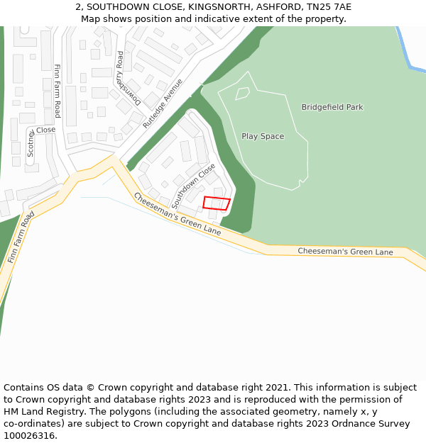 2, SOUTHDOWN CLOSE, KINGSNORTH, ASHFORD, TN25 7AE: Location map and indicative extent of plot