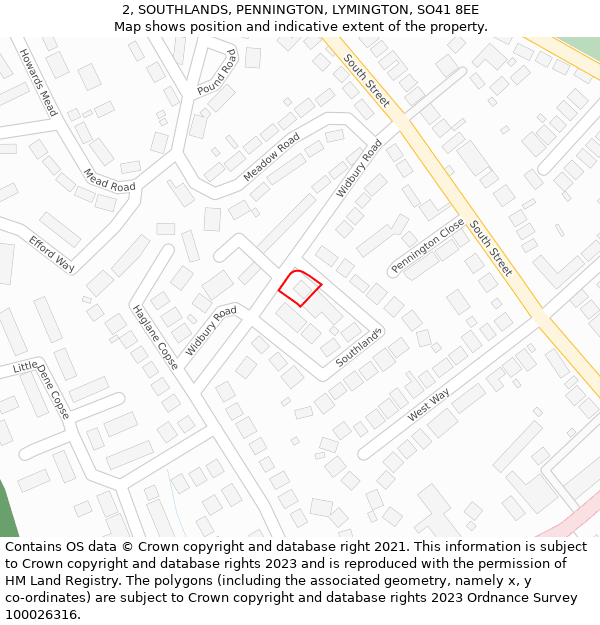 2, SOUTHLANDS, PENNINGTON, LYMINGTON, SO41 8EE: Location map and indicative extent of plot