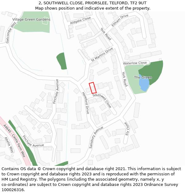 2, SOUTHWELL CLOSE, PRIORSLEE, TELFORD, TF2 9UT: Location map and indicative extent of plot