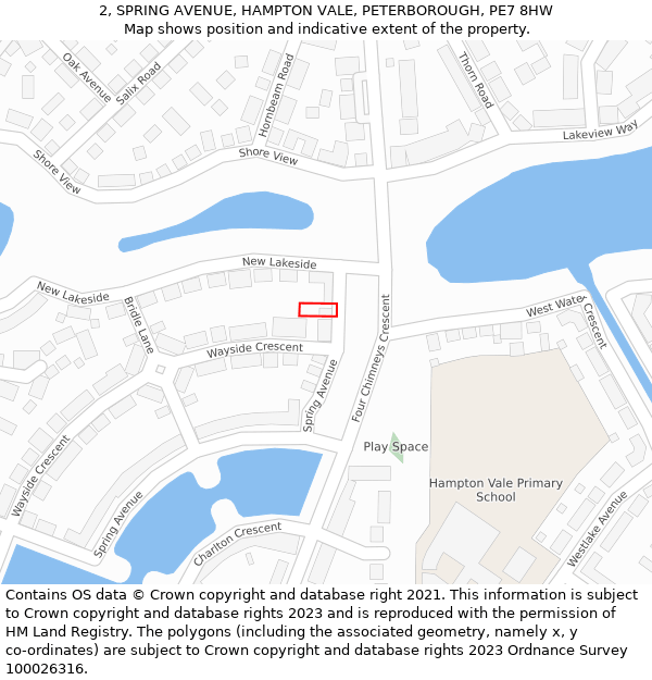2, SPRING AVENUE, HAMPTON VALE, PETERBOROUGH, PE7 8HW: Location map and indicative extent of plot