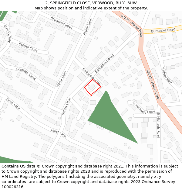 2, SPRINGFIELD CLOSE, VERWOOD, BH31 6UW: Location map and indicative extent of plot
