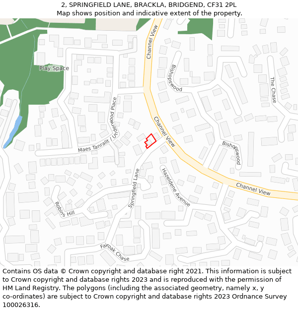 2, SPRINGFIELD LANE, BRACKLA, BRIDGEND, CF31 2PL: Location map and indicative extent of plot
