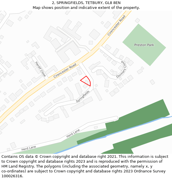 2, SPRINGFIELDS, TETBURY, GL8 8EN: Location map and indicative extent of plot