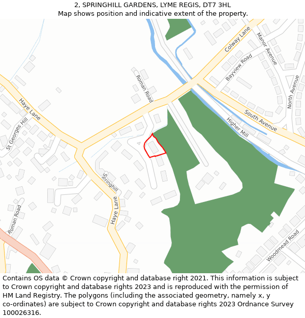 2, SPRINGHILL GARDENS, LYME REGIS, DT7 3HL: Location map and indicative extent of plot