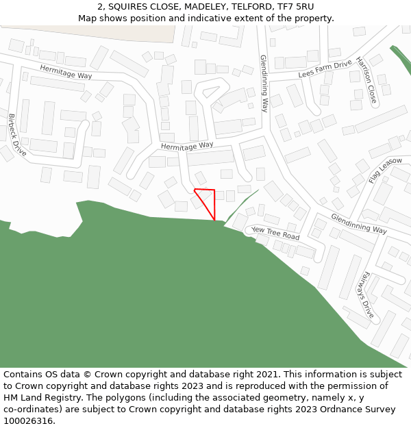 2, SQUIRES CLOSE, MADELEY, TELFORD, TF7 5RU: Location map and indicative extent of plot