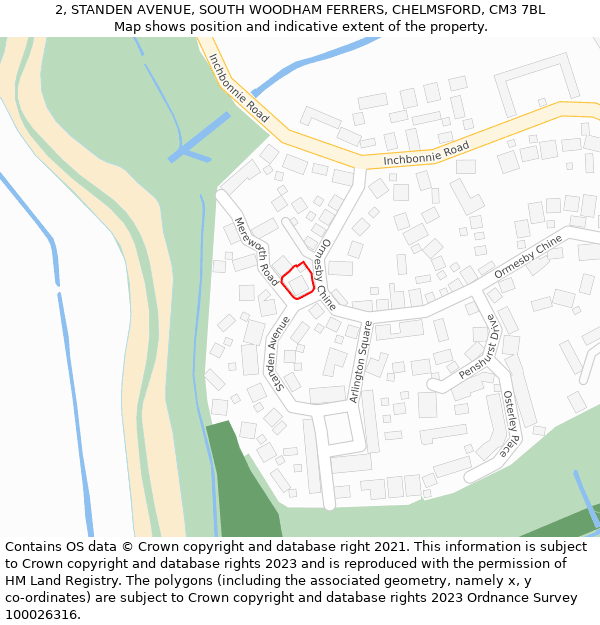 2, STANDEN AVENUE, SOUTH WOODHAM FERRERS, CHELMSFORD, CM3 7BL: Location map and indicative extent of plot