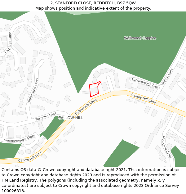 2, STANFORD CLOSE, REDDITCH, B97 5QW: Location map and indicative extent of plot