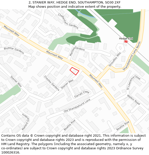 2, STANIER WAY, HEDGE END, SOUTHAMPTON, SO30 2XF: Location map and indicative extent of plot