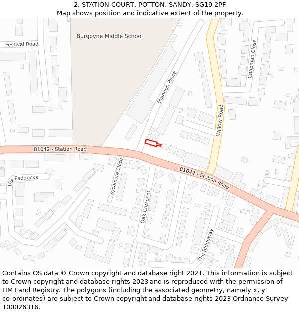 2, STATION COURT, POTTON, SANDY, SG19 2PF: Location map and indicative extent of plot