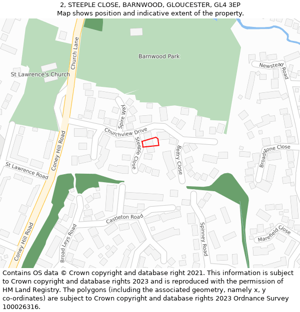 2, STEEPLE CLOSE, BARNWOOD, GLOUCESTER, GL4 3EP: Location map and indicative extent of plot