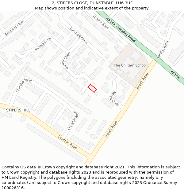 2, STIPERS CLOSE, DUNSTABLE, LU6 3UF: Location map and indicative extent of plot