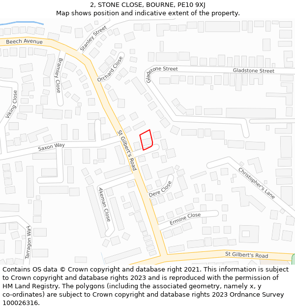 2, STONE CLOSE, BOURNE, PE10 9XJ: Location map and indicative extent of plot