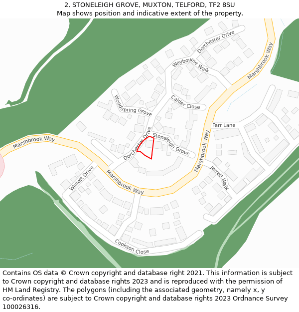 2, STONELEIGH GROVE, MUXTON, TELFORD, TF2 8SU: Location map and indicative extent of plot