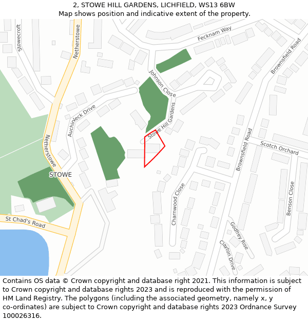 2, STOWE HILL GARDENS, LICHFIELD, WS13 6BW: Location map and indicative extent of plot