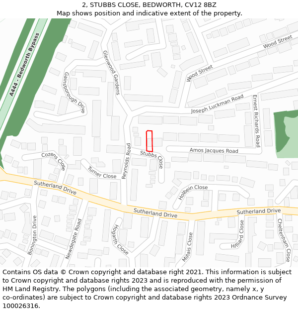 2, STUBBS CLOSE, BEDWORTH, CV12 8BZ: Location map and indicative extent of plot