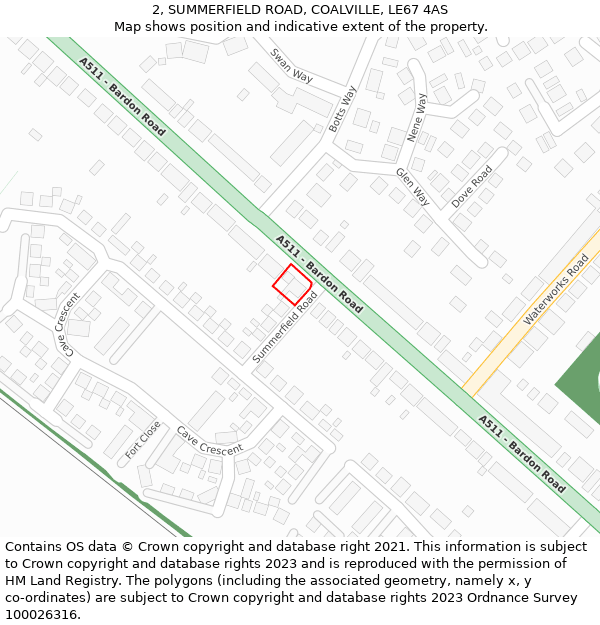 2, SUMMERFIELD ROAD, COALVILLE, LE67 4AS: Location map and indicative extent of plot