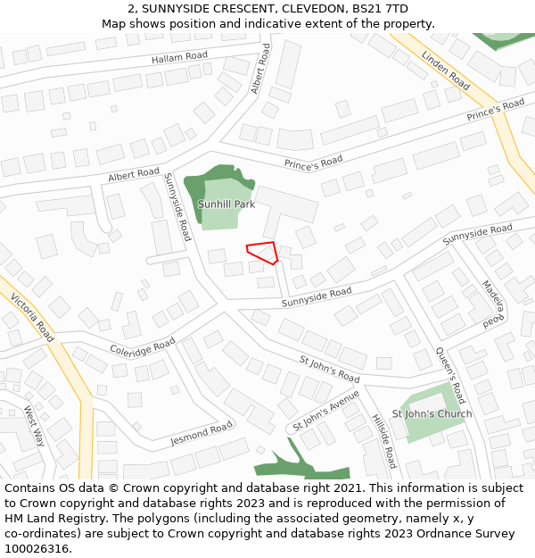 2, SUNNYSIDE CRESCENT, CLEVEDON, BS21 7TD: Location map and indicative extent of plot