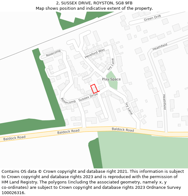 2, SUSSEX DRIVE, ROYSTON, SG8 9FB: Location map and indicative extent of plot