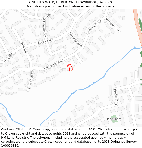 2, SUSSEX WALK, HILPERTON, TROWBRIDGE, BA14 7GT: Location map and indicative extent of plot