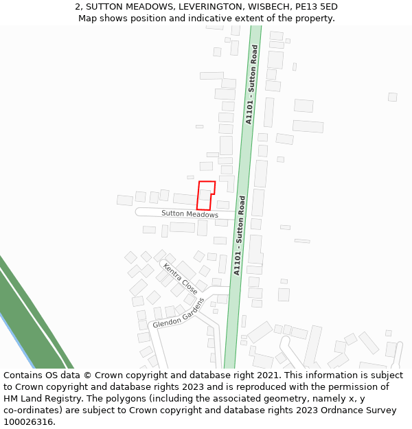 2, SUTTON MEADOWS, LEVERINGTON, WISBECH, PE13 5ED: Location map and indicative extent of plot