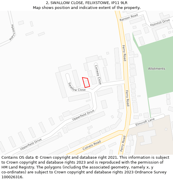 2, SWALLOW CLOSE, FELIXSTOWE, IP11 9LR: Location map and indicative extent of plot