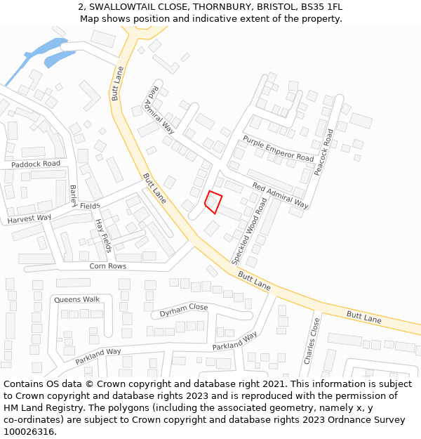 2, SWALLOWTAIL CLOSE, THORNBURY, BRISTOL, BS35 1FL: Location map and indicative extent of plot