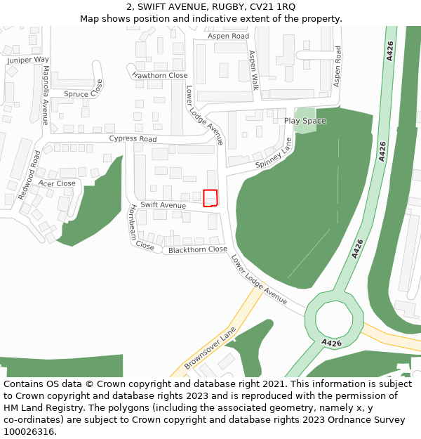 2, SWIFT AVENUE, RUGBY, CV21 1RQ: Location map and indicative extent of plot