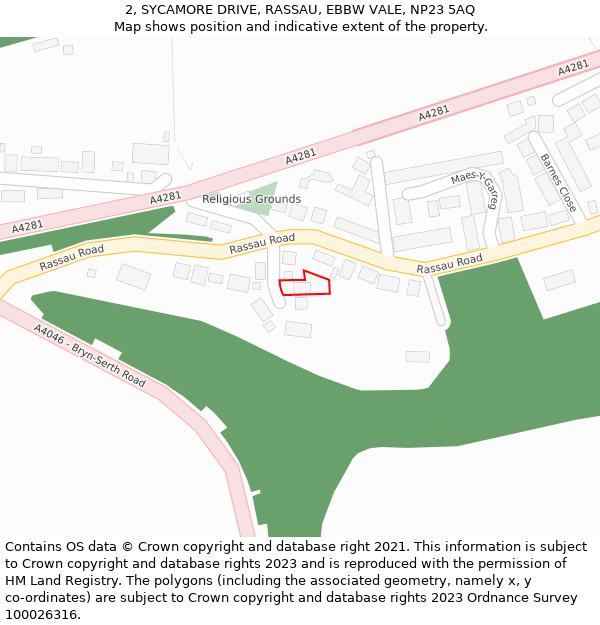2, SYCAMORE DRIVE, RASSAU, EBBW VALE, NP23 5AQ: Location map and indicative extent of plot