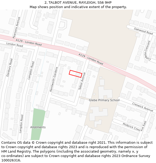 2, TALBOT AVENUE, RAYLEIGH, SS6 9HP: Location map and indicative extent of plot