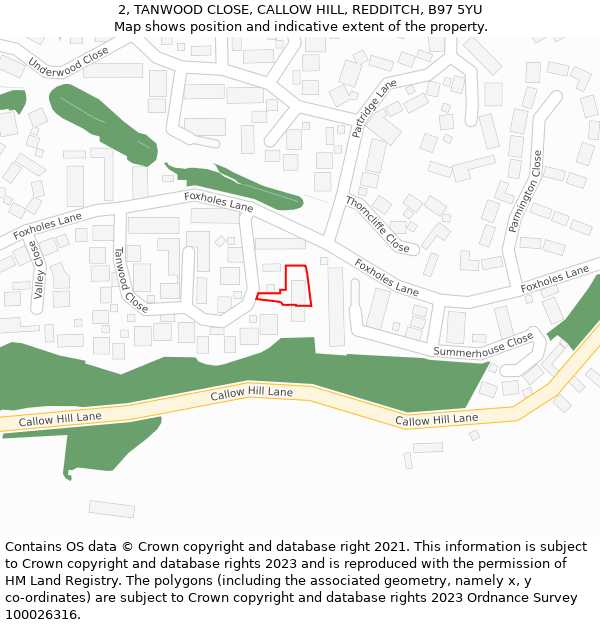 2, TANWOOD CLOSE, CALLOW HILL, REDDITCH, B97 5YU: Location map and indicative extent of plot