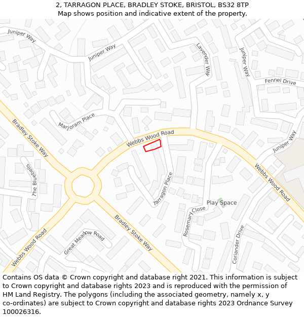 2, TARRAGON PLACE, BRADLEY STOKE, BRISTOL, BS32 8TP: Location map and indicative extent of plot