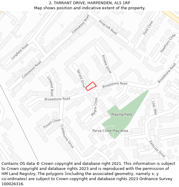 2, TARRANT DRIVE, HARPENDEN, AL5 1RP: Location map and indicative extent of plot