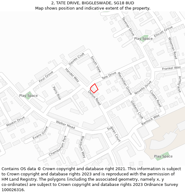 2, TATE DRIVE, BIGGLESWADE, SG18 8UD: Location map and indicative extent of plot